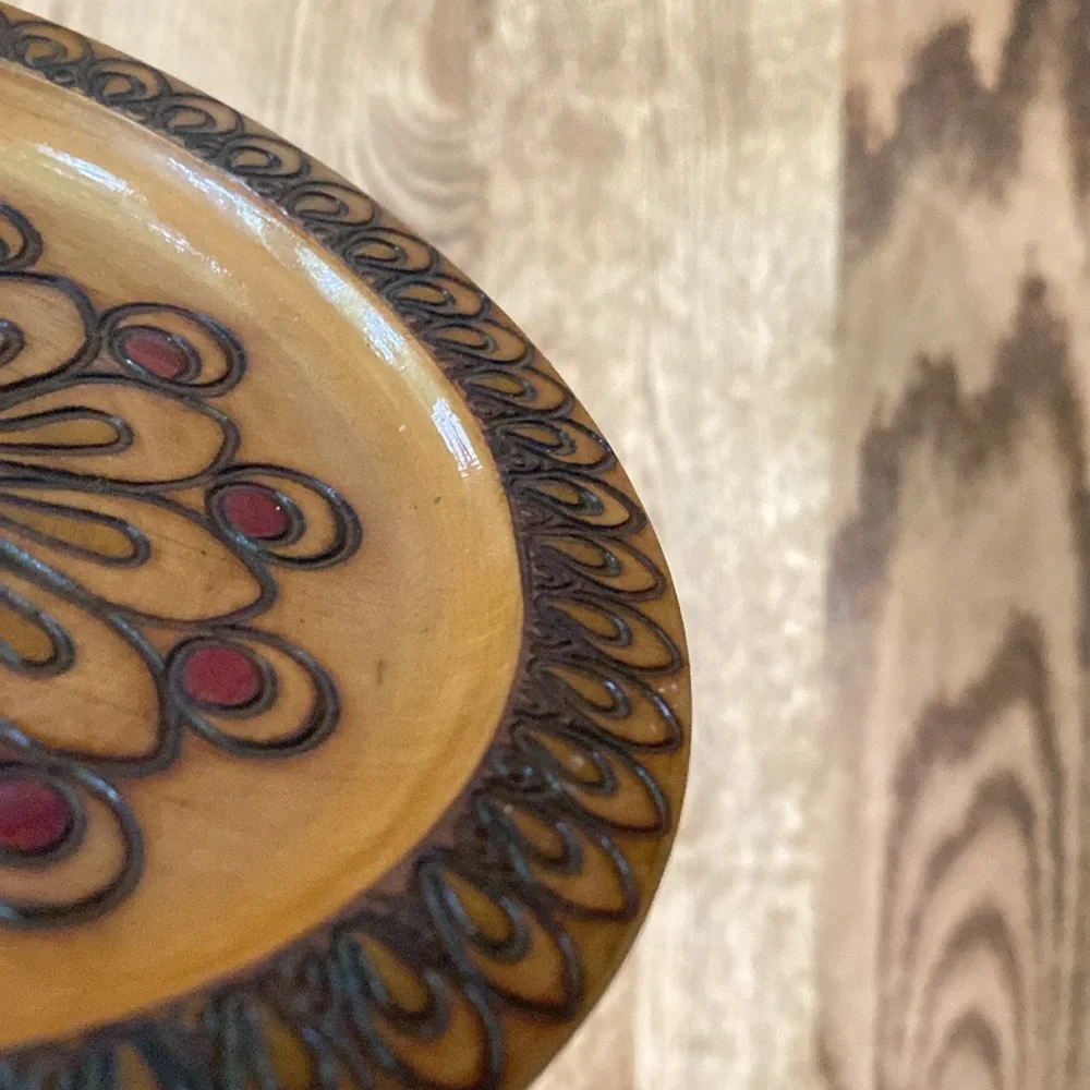 Vintage wooden inlaid Polish decorative plate Spoldzielnoa Rzemieslnicza trinket